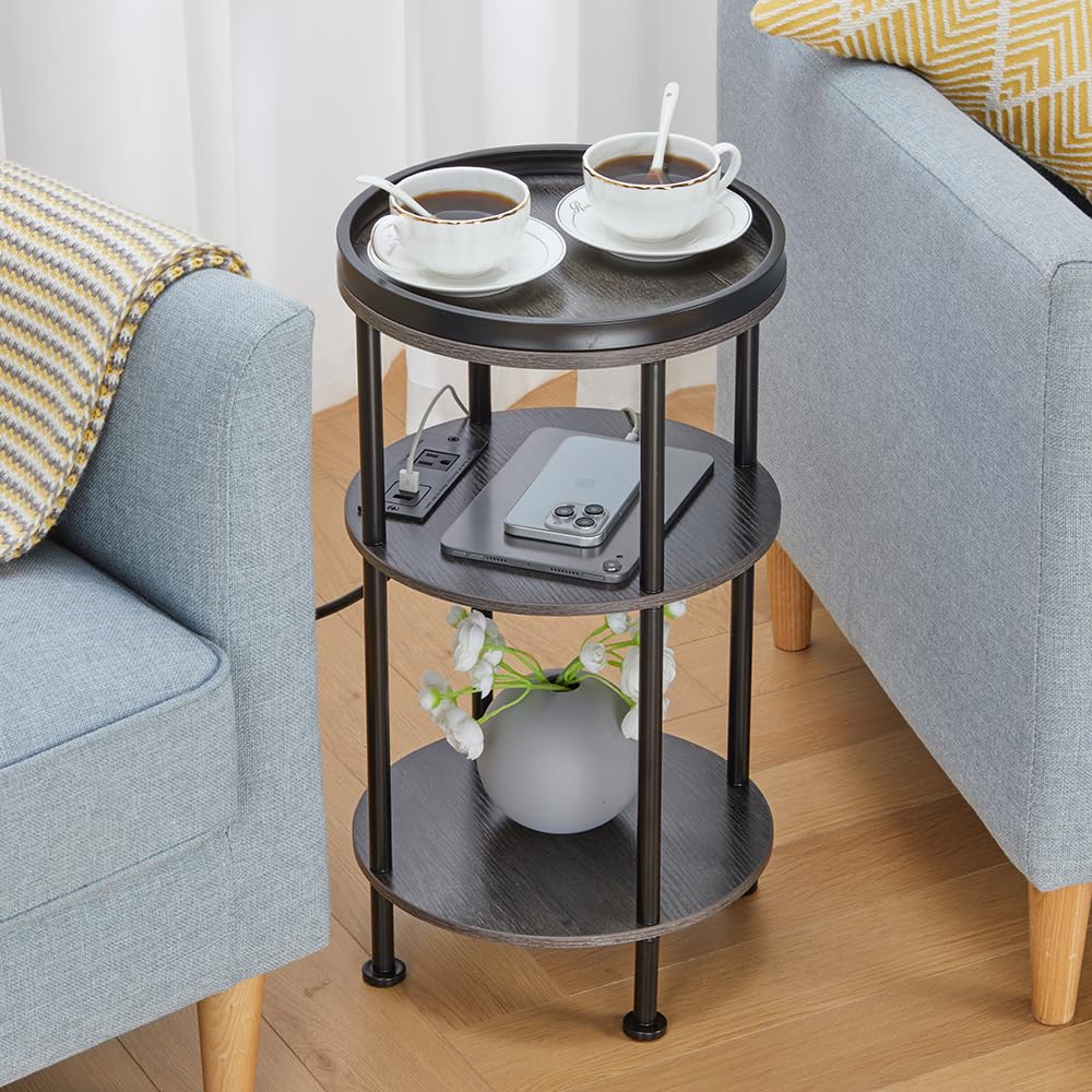 Small Round Side Table with Charging Station for Small Spaces, 3-Tier Accent Table with USB Ports & Power Outlets, Sofa Corner Tea Table for Living Room Nightstand Bedroom Apartment (Black)
