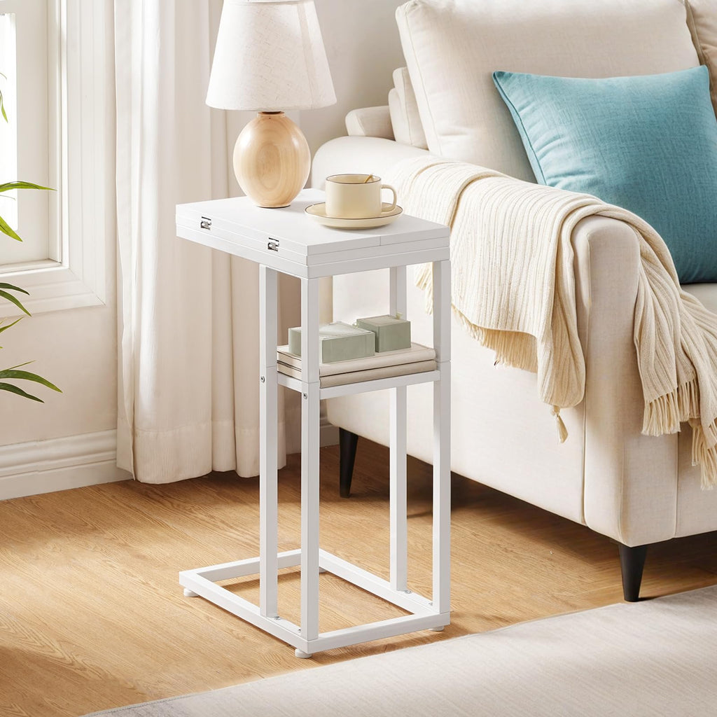 HOOBRO Foldable C Shaped End Table, C Shaped Side Table with Storage Shelf, Small Snack Table, Slide Under Couch Table for Sofa, Living Room Bedroom Small Spaces Easy Assembly, Black BK29SF01