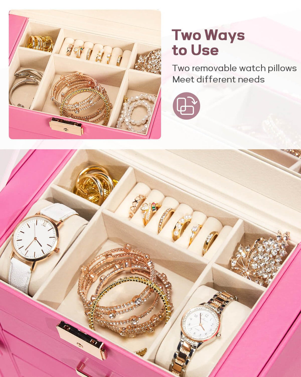 Homde Mothers Day Gifts Synthetic Leather Huge Jewelry Box Mirrored Watch Organizer Necklace Ring Earring Storage Lockable Gift Case (Black + Gold)