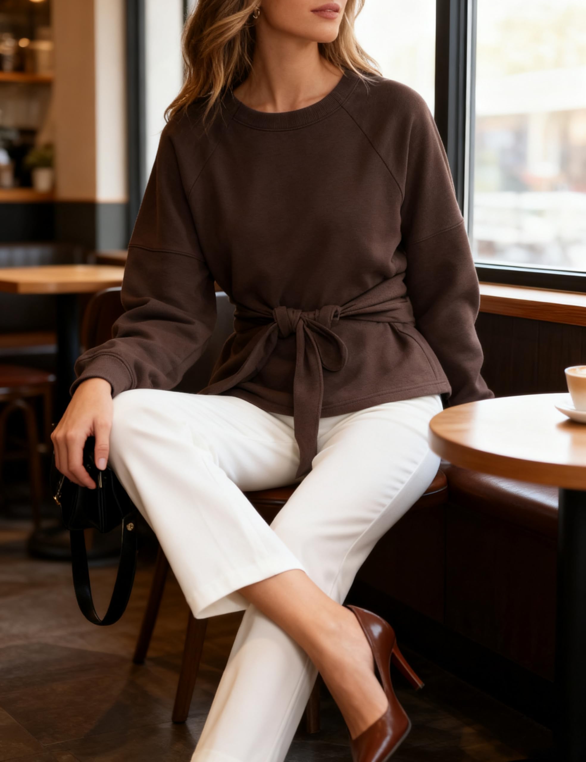 Zhiyouni Women's Long Sleeves Shirt Tops Casual 2026 Fall Fashion Crewneck Tie Knot Sweatshirt Pullover