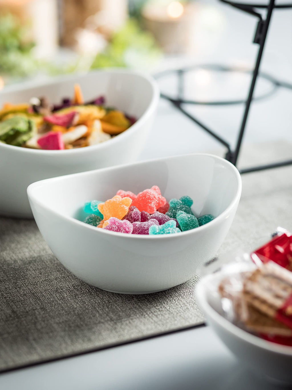 Miamolo 3 Tier Serving Bowls with Stand for Entertaining Party | Ceramic, Chip and Dip Set | Food Display for Fruit Salad Snacks | Space-saving Storage | Microwave & Dishwasher Safe