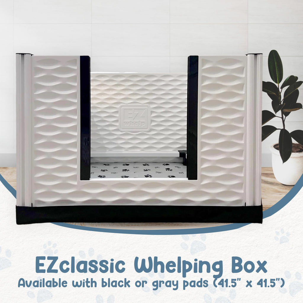 EZwhelp EZclassic Windowed 48"x48"x18" Whelping Box with Rails and Windowed Walls, Padded Dog Whelping Box, Black Pad