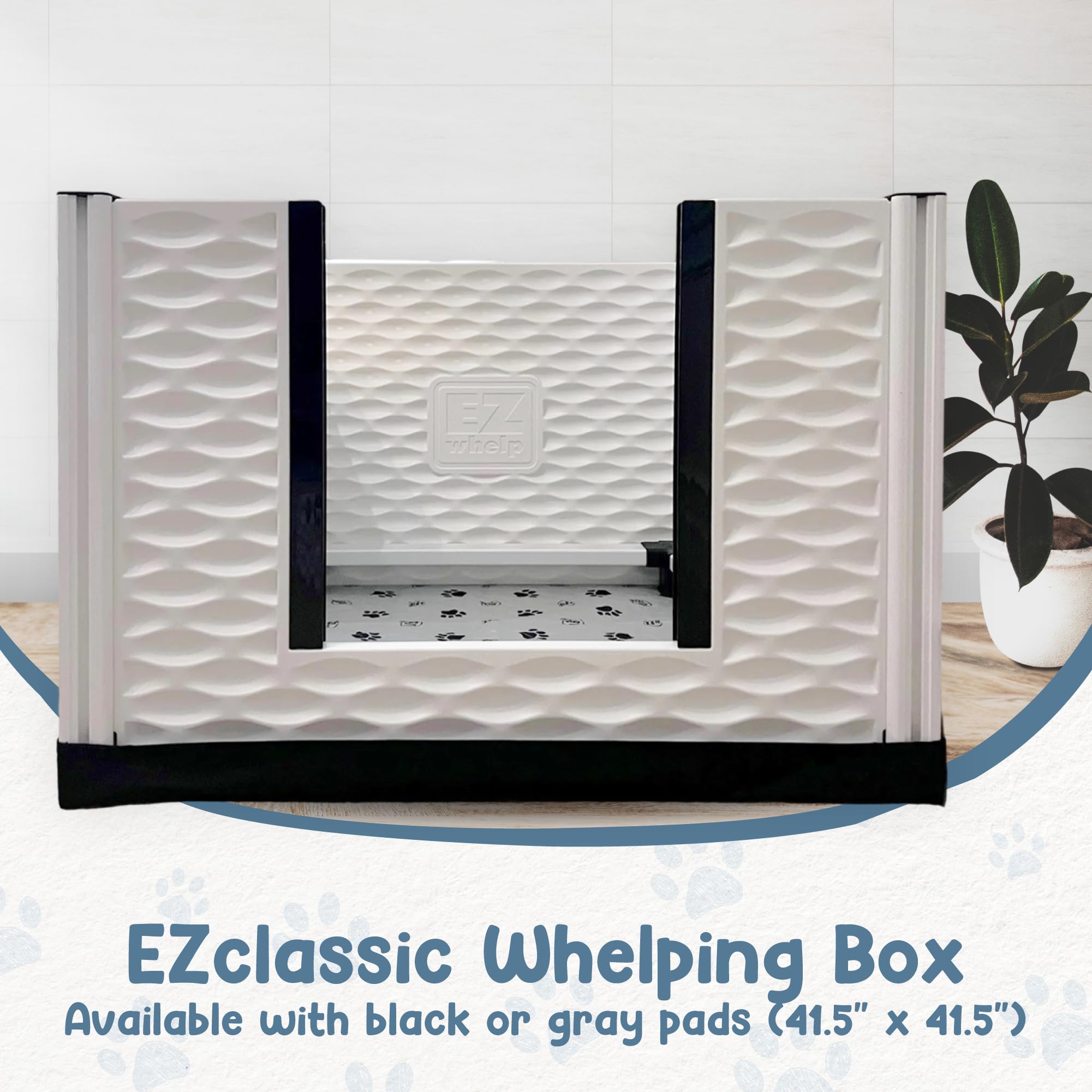 EZwhelp EZclassic Windowed 48"x48"x18" Whelping Box with Rails and Windowed Walls, Padded Dog Whelping Box, Black Pad