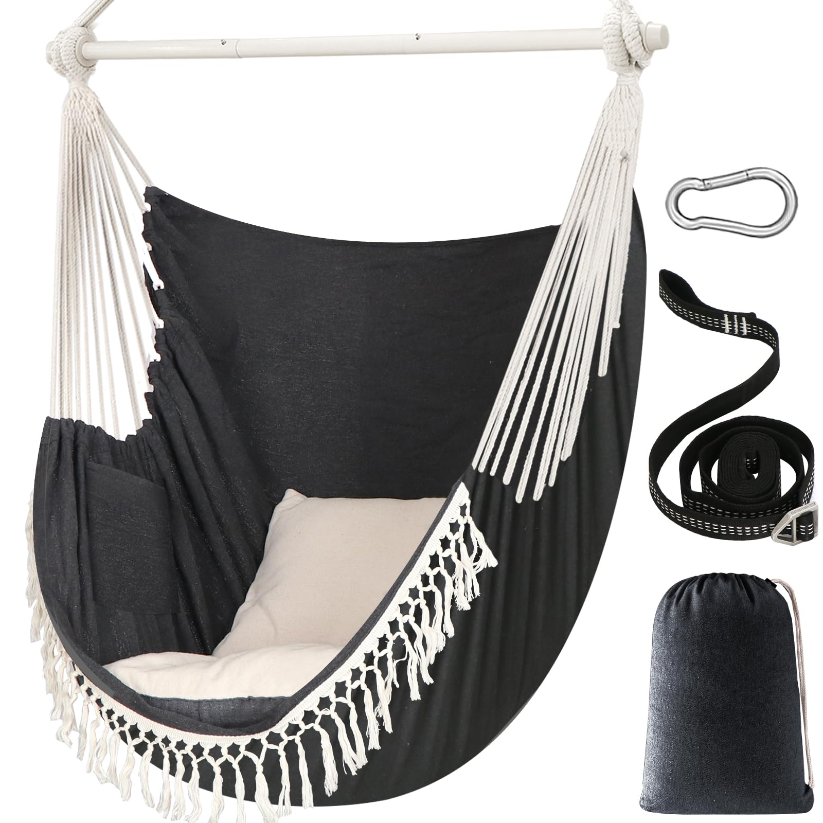 Chihee Hammock Chair Hanging Swing Max 500 Lbs 2 Cushions Included Metal Spreader Bar with Anti-Slip Grooves Portable Hanging Chair Side Pocket Large Macrame Bohemian Chair Indoor Outdoor | Hanging Swing with Anti-Slip Grooves Portable Hanging Chair Side