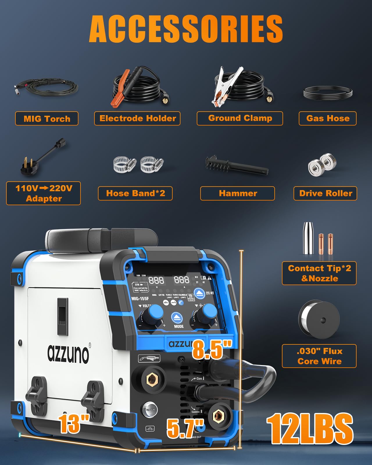 AZZUNO MIG Welder Machine 110V/220V, 155Amp 5-in-1 Gas MIG/Aluminum MIG/Gasless Flux MIG/Lift TIG/Stick Welding Machine, Wire Feed Welder