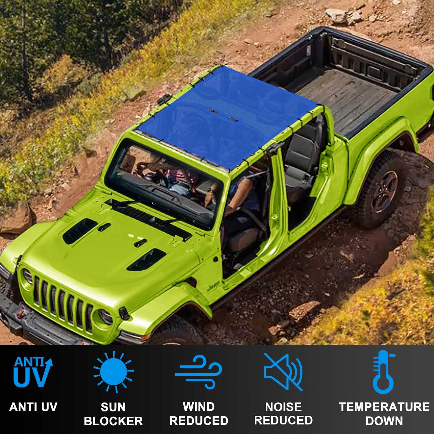 JT Top Sun Shade Roof Compatible with Jeep Gladiator 4 Door 2018 to 2023 Sunshade Sunroof Bikini Cover Blocks UV Wind Noise Black Mesh for Front and Rear 2 pcs