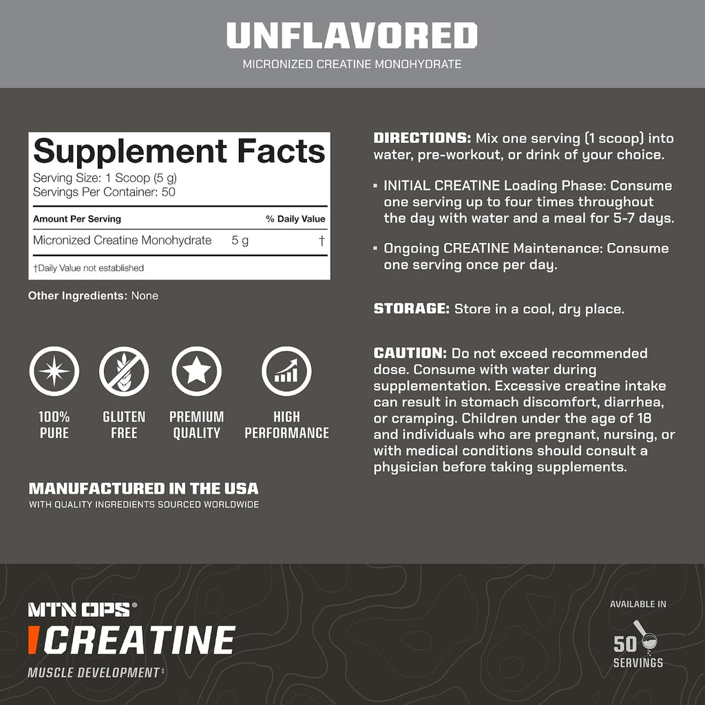 MTN OPS Micronized Creatine Monohydrate Powder – Unflavored 5 g per Serving, 50 Servings – Pure Creatine for Muscle Recovery & Strength Training