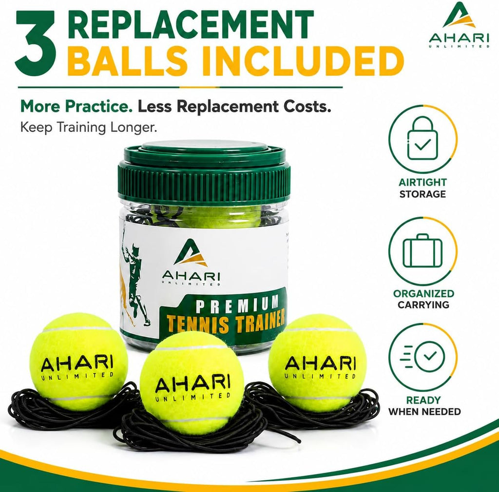 Premium Tennis Trainer Set, Pro Rebounder with Metal Base in a Carrying Cylinder, 3 Replacement Rebound Balls, & Wristband, Portable Tennis Practice Equipment for Solo Training