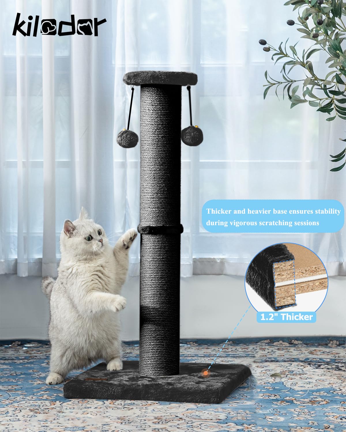 34Inch Tall Cat Scratching Post,4.3Inch Diameter Large Sisal Cat Scratch Post with Ball, Sturdy and Durable Cat Scratcher for Indoor Cats Adults Black