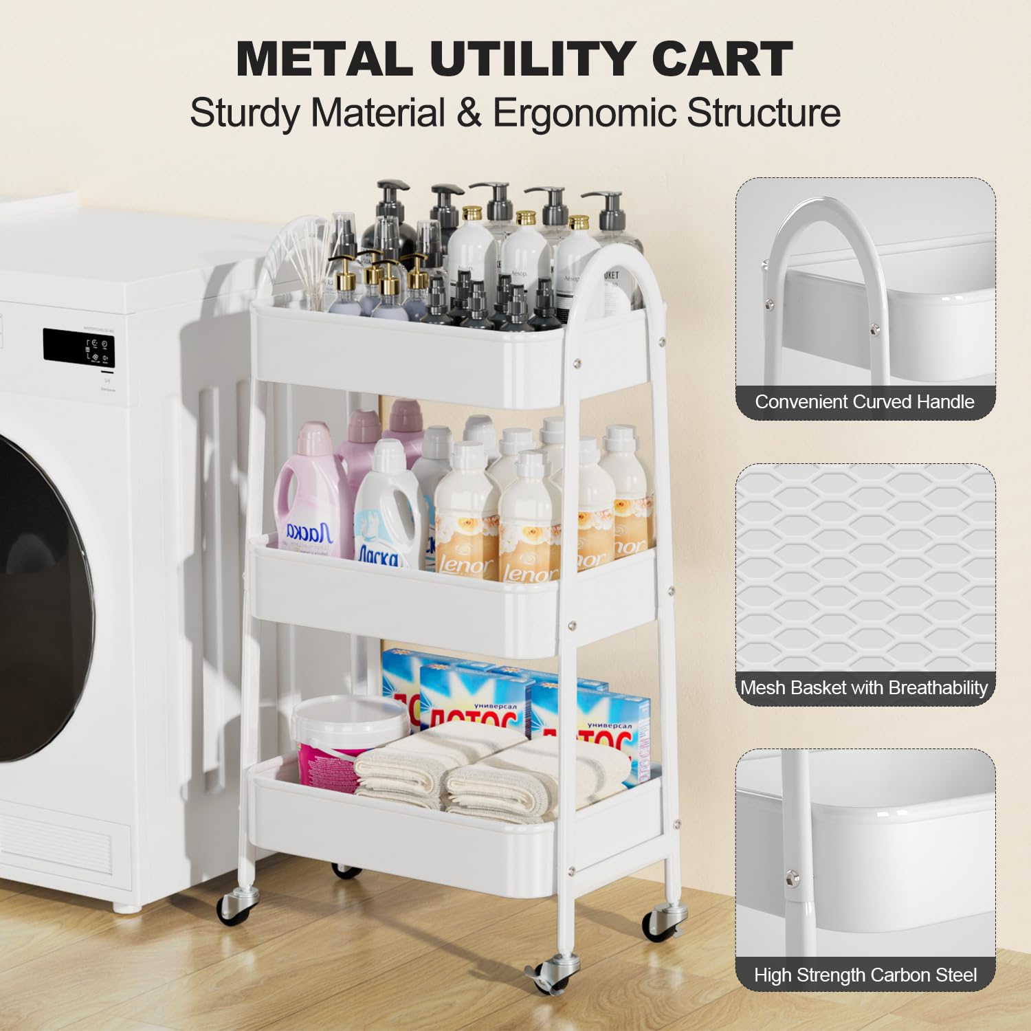 EAGMAK 3 Tier Rolling Cart, Large Metal Storage Cart with Handle and Lockable Wheels, Big Multifunctional Storage Organizer Trolley with Mesh Baskets for Kitchen, Living Room, Office, Garage (Beige)