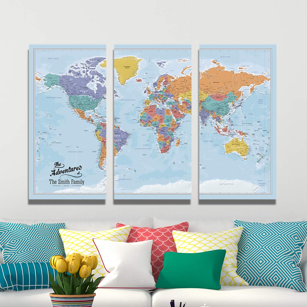 Personalized Canvas Rolled Poster World Map Wall Art with Pins – Large 24" x 36" Blue Oceans Map of the World – Push Pin Travel Decor for Home or Office