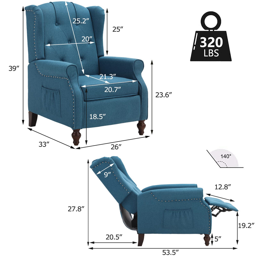 Wingback Chair with Massage and Heat, Tufted Fabric Pushback Recliner Chair, Wingback Recliner Chair with Remote Control, Padded Cushion, Wooden Legs, Small Recliners for Small Spaces