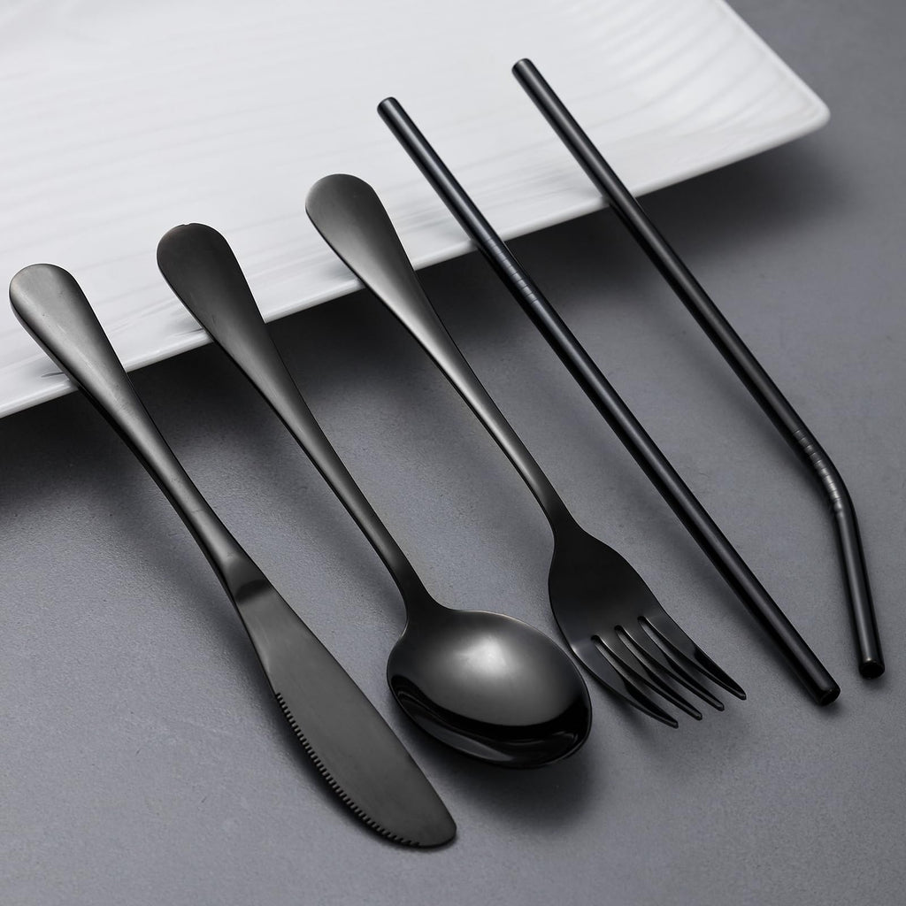 SAOSHYPEI 4-Piece Portable Utensils Set with Travel Case, Reusable Food-Grade Stainless Steel Silverware (Knife, Fork, Spoon), Dishwasher Safe Flatware for Camping, Work Lunch & Picnic, Black