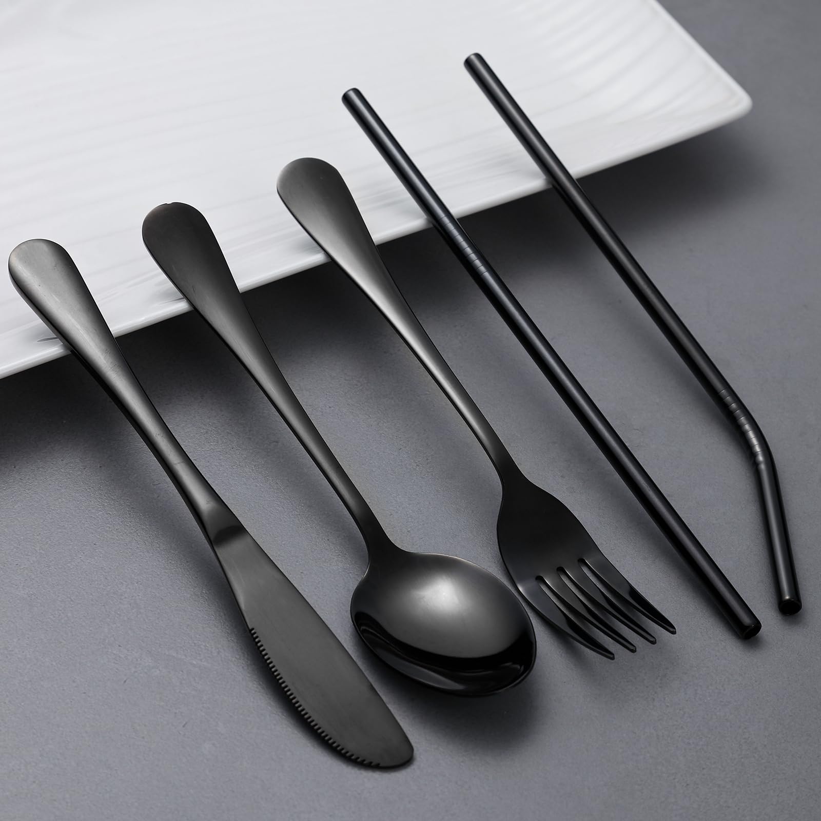 SAOSHYPEI 4-Piece Portable Utensils Set with Travel Case, Reusable Food-Grade Stainless Steel Silverware (Knife, Fork, Spoon), Dishwasher Safe Flatware for Camping, Work Lunch & Picnic, Black