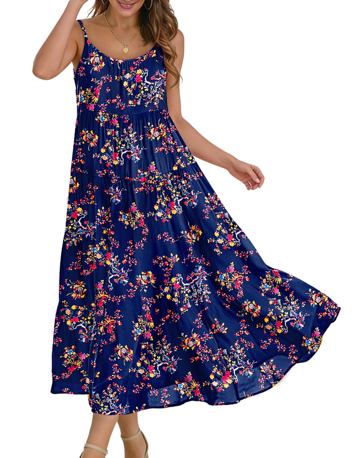 YESNO Summer Bohemian Floral Dresses for Women Spaghetti Straps Maxi Dress Casual Flowy Dresses with Pockets ES0