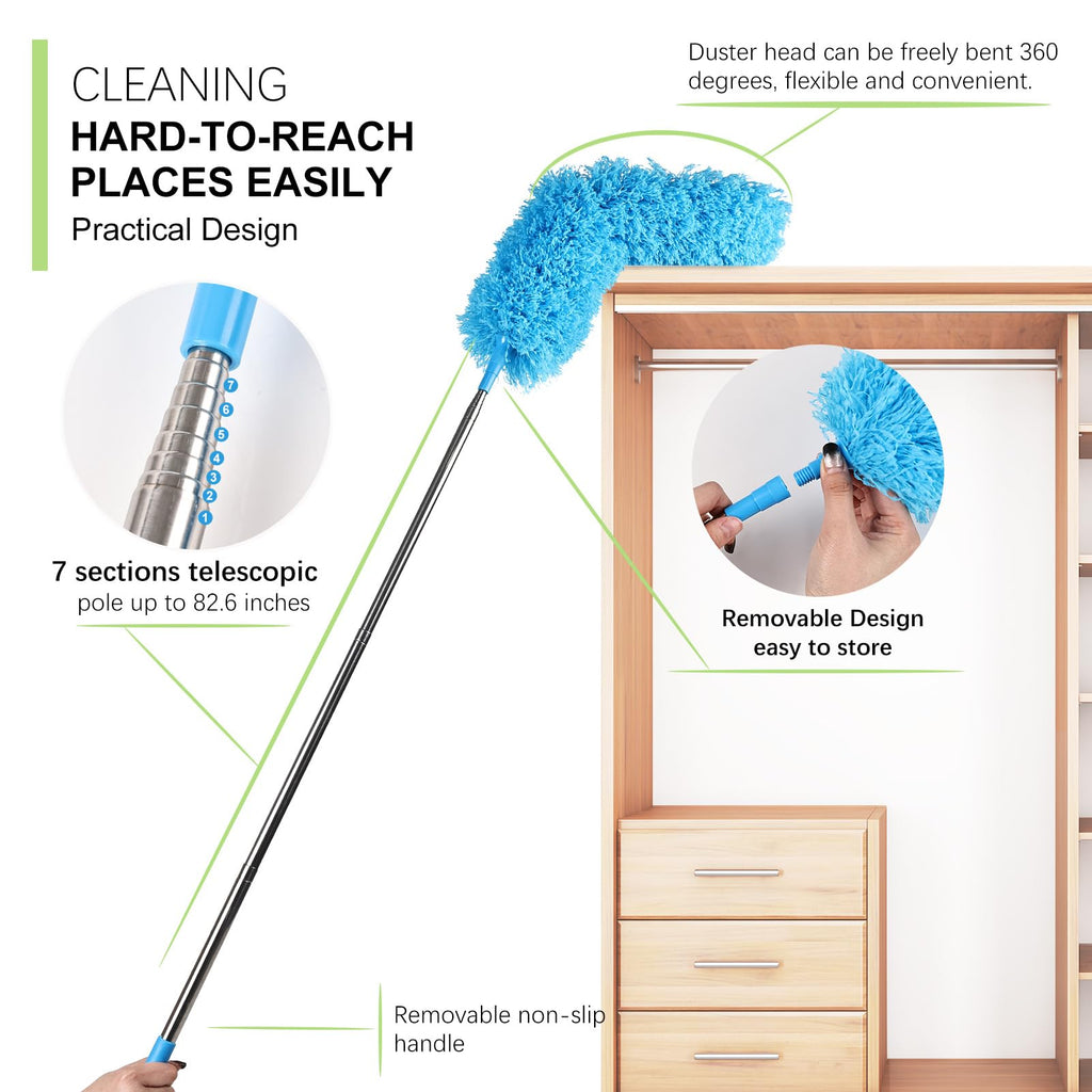 Ceiling Fan Cleaner Duster Reusable Microfiber Removable Duster with Extension Pole Adjusts 12 to 71 Inch for Cleaning Walls Bookshelves Furniture Door Window Top (Blue)