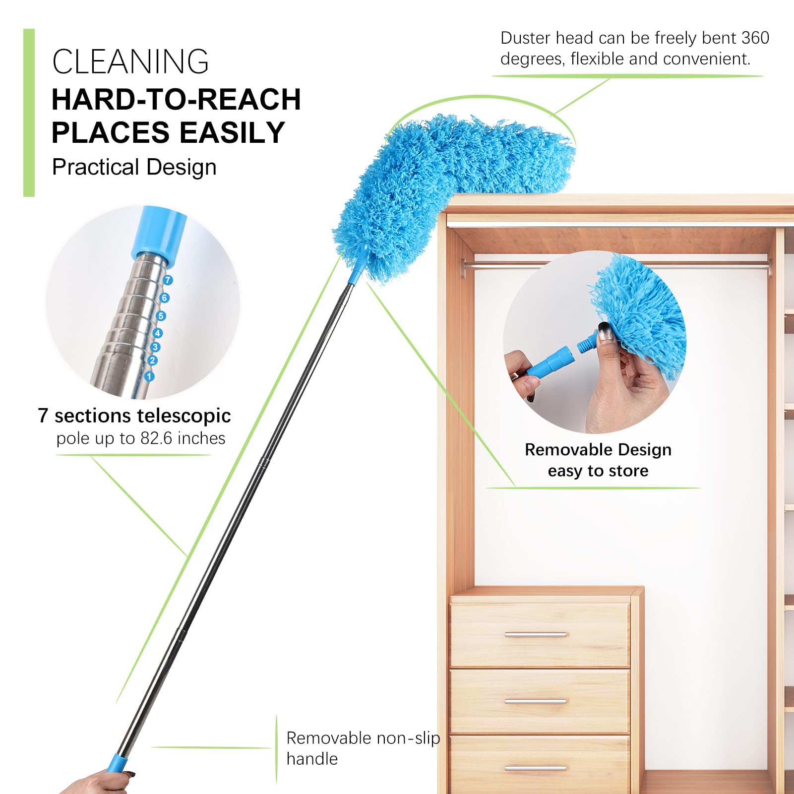 Ceiling Fan Cleaner Duster Reusable Microfiber Removable Duster with Extension Pole Adjusts 12 to 71 Inch for Cleaning Walls Bookshelves Furniture Door Window Top (Blue)