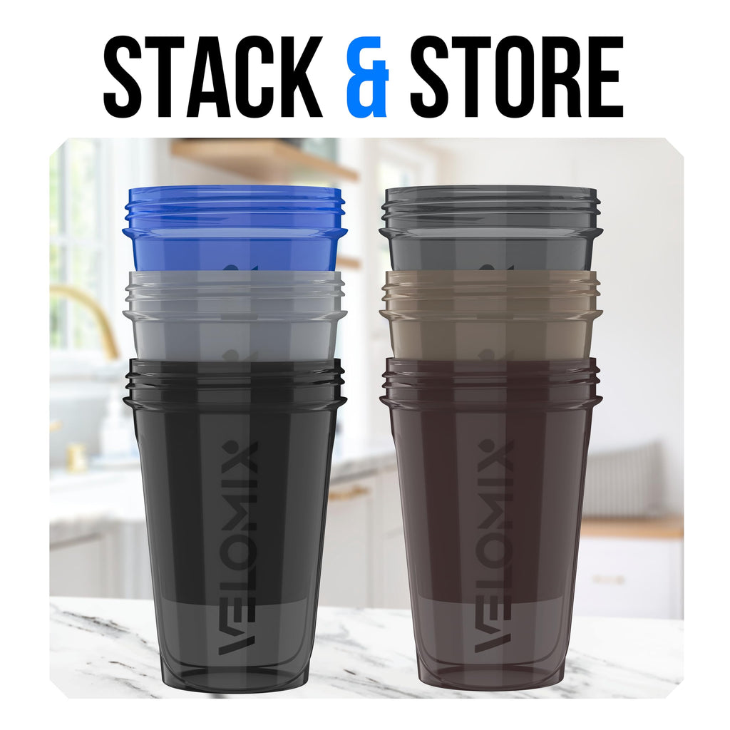 VELOMIX -6 PACK- 20 oz Protein Shaker Bottle for Protein Mixes - 6x Wire Whisk | Leak Proof Shaker Cups for Protein Shakes| Stackable Protein Shaker Bottle Pack | Dishwasher Safe (ALL IN BLACK)