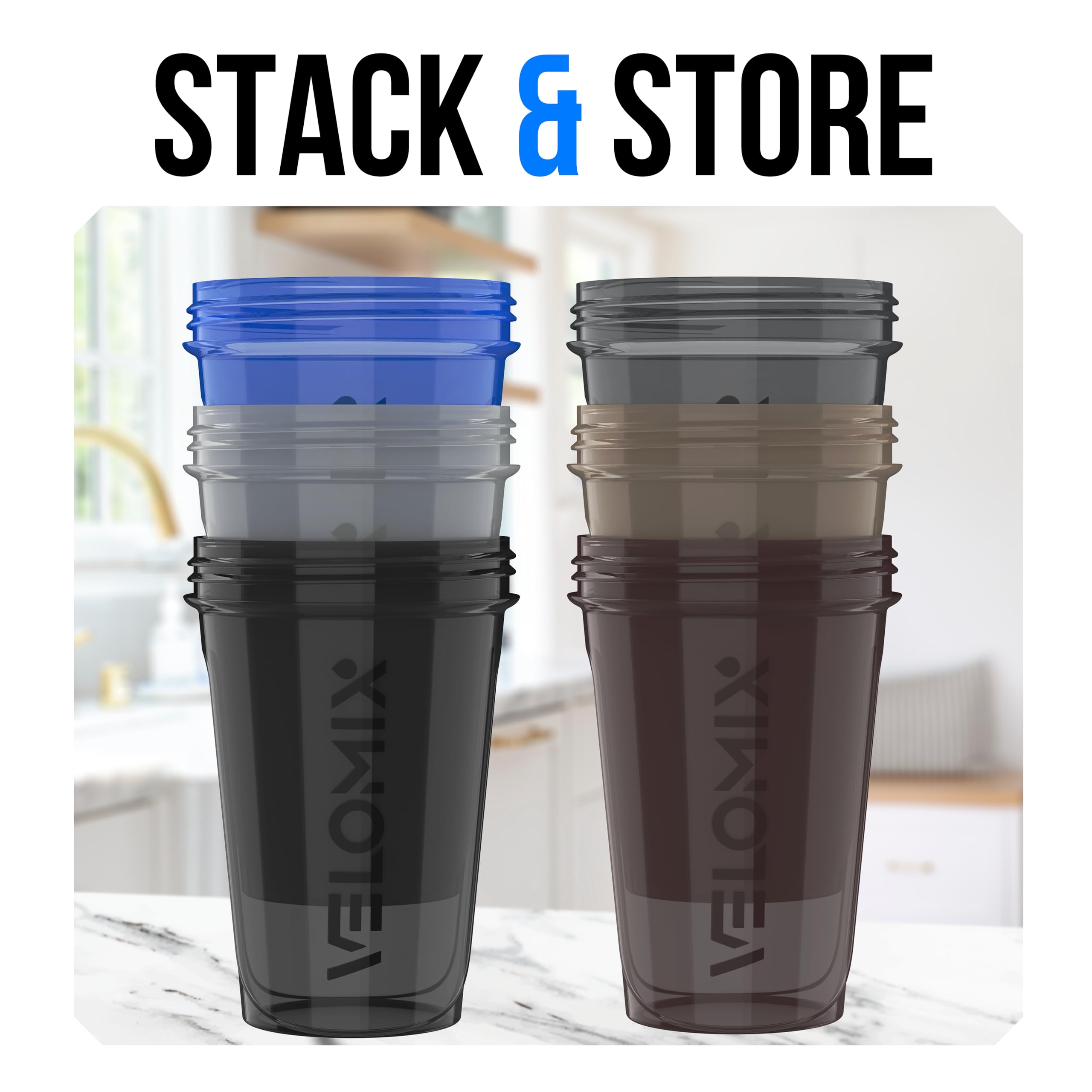 VELOMIX -6 PACK- 20 oz Protein Shaker Bottle for Protein Mixes - 6x Wire Whisk | Leak Proof Shaker Cups for Protein Shakes| Stackable Protein Shaker Bottle Pack | Dishwasher Safe (ALL IN BLACK)