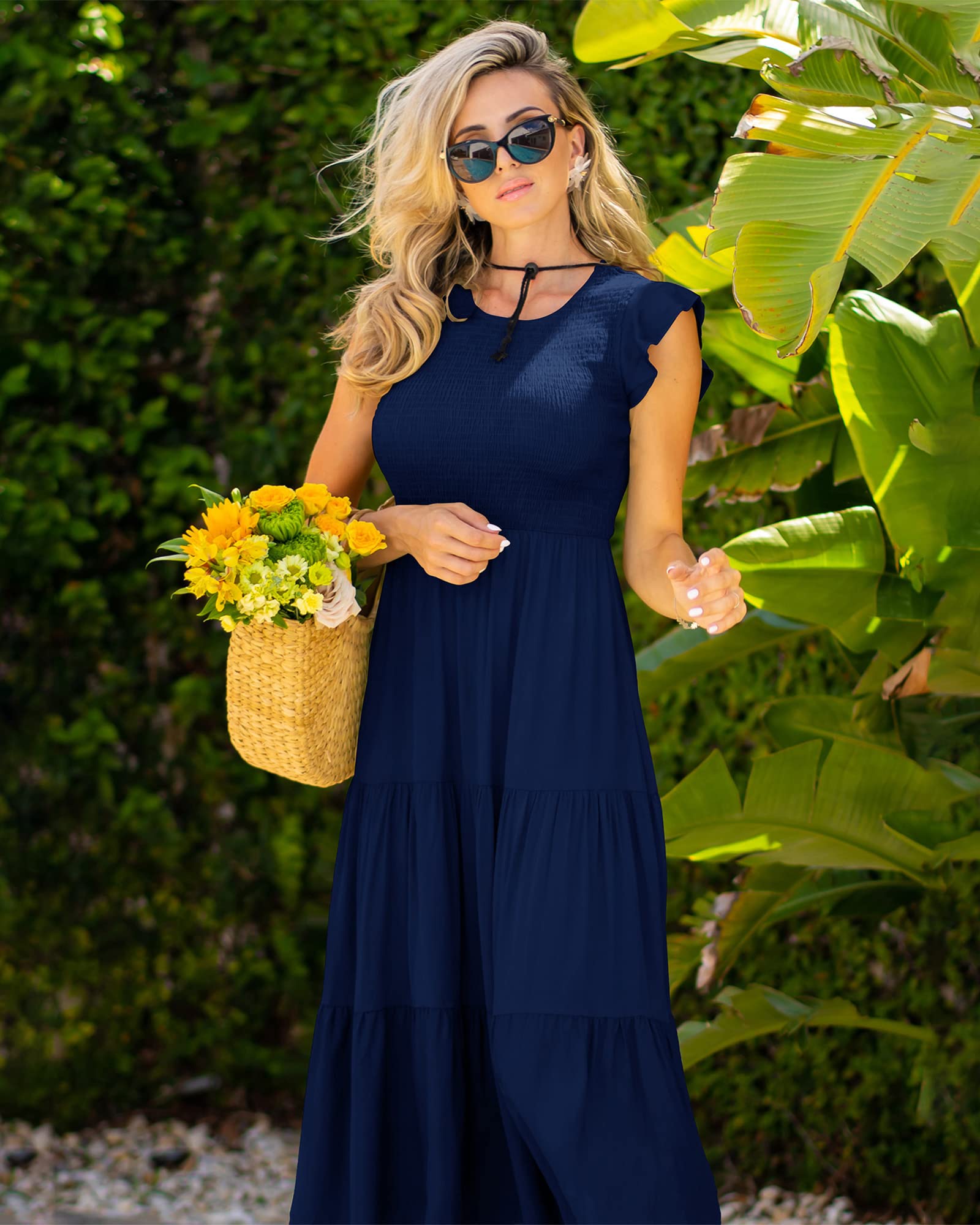 BTFBM Women Casual Short Sleeve Crew Neck Summer Dress Bohemian Floral Printed Flowy Maxi Dresses Tiered Cocktail Dress