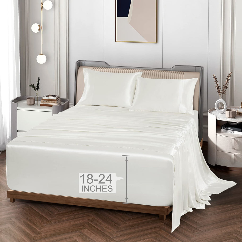 Vonty Extra Deep Pocket Full Sheet Sets - Cooling & Silky Satin Full Size Sheets with 18-24 Inch Deep Pocket, Black Satin Bed Sheets Fit Up to 24" Deep Mattress - 4 Piece Set