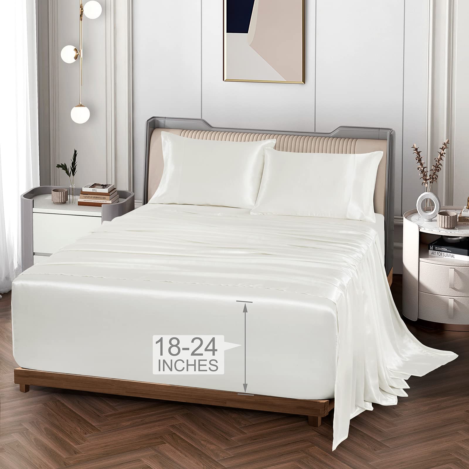 Vonty Extra Deep Pocket Full Sheet Sets - Cooling & Silky Satin Full Size Sheets with 18-24 Inch Deep Pocket, Black Satin Bed Sheets Fit Up to 24" Deep Mattress - 4 Piece Set