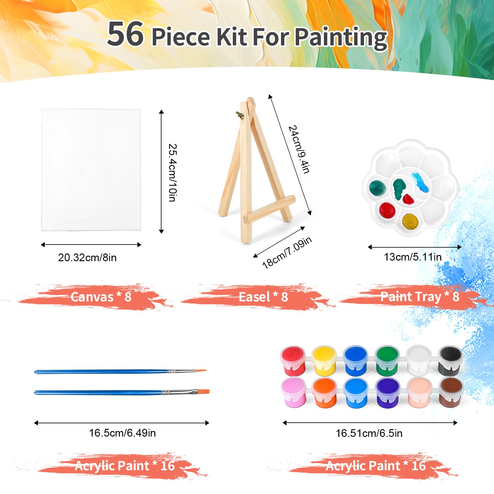 2 Pack 8 * 10In Canvas Boards for Painting, Art Canvas for Drawing with 4 Brushes & 2Paint Trays & 4 Acrylic Paint, Mini Painting Canvas with Easel Set, Painting Kits for Adults Party