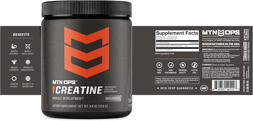MTN OPS Micronized Creatine Monohydrate Powder – Unflavored 5 g per Serving, 50 Servings – Pure Creatine for Muscle Recovery & Strength Training