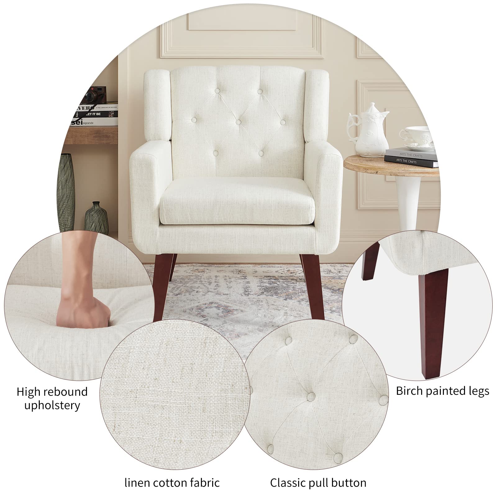 Living&Giving Accent Chair Button-Tufted Upholstered Living Room Chairs Comfy Reading Mid Century Modern with Linen Fabric Lounge Arm for Bedroom (Beige) 29.33D x 28.94W x 34.65H Inch