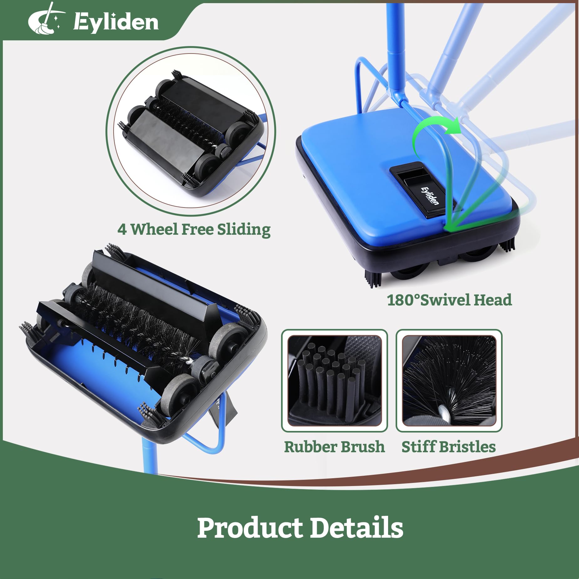Eyliden Carpet Sweeper, Mini Size Lightweight Hand Push - No Noise, Non-Electric, Easy Manual Sweeping Only for Carpet Cleaning (Black)