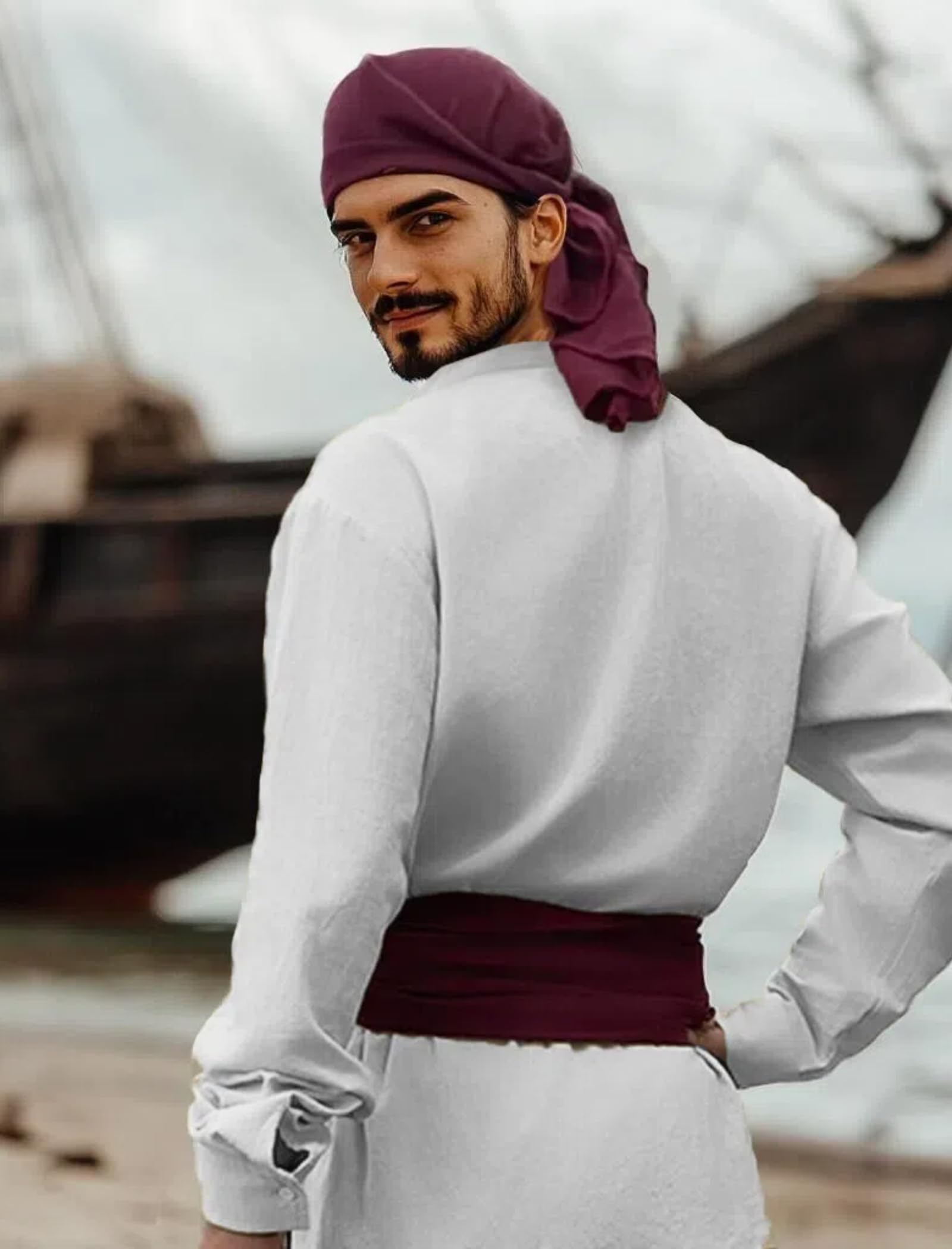 Verceco Mens Pirate Costume Outfit Renaissance Costume Men Medieval Outfit With Pirate Pants Shirts Sash Accessories (Black, Medium)