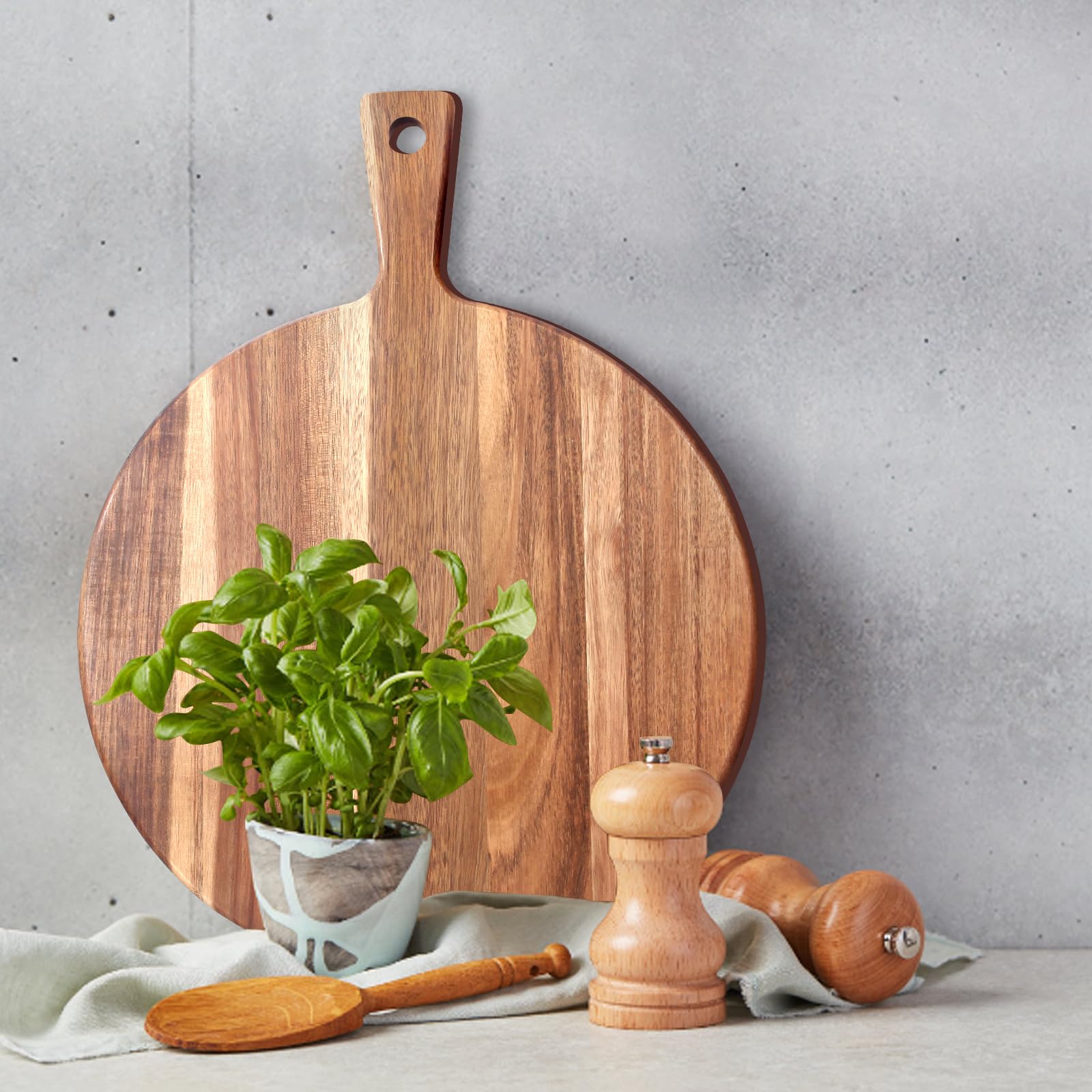 Acacia Wood Cutting Board with Handle Wooden Chopping Board Round Cutting Boards for Kitchen Decor Large Charcuterie Board Tray Teak Meat Cheese Board Bread Serving Platter Butcher Block Pizza Board