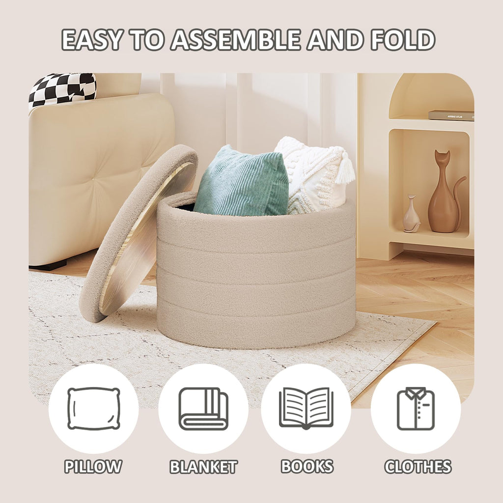 PINPLUS Round Storage Ottoman Foot Rest Stool with Tray Velvet Sherpa Folding Storage Ottoman,Boucle Foot Rest for Living Room, Bedroom, Dorm（Beige）