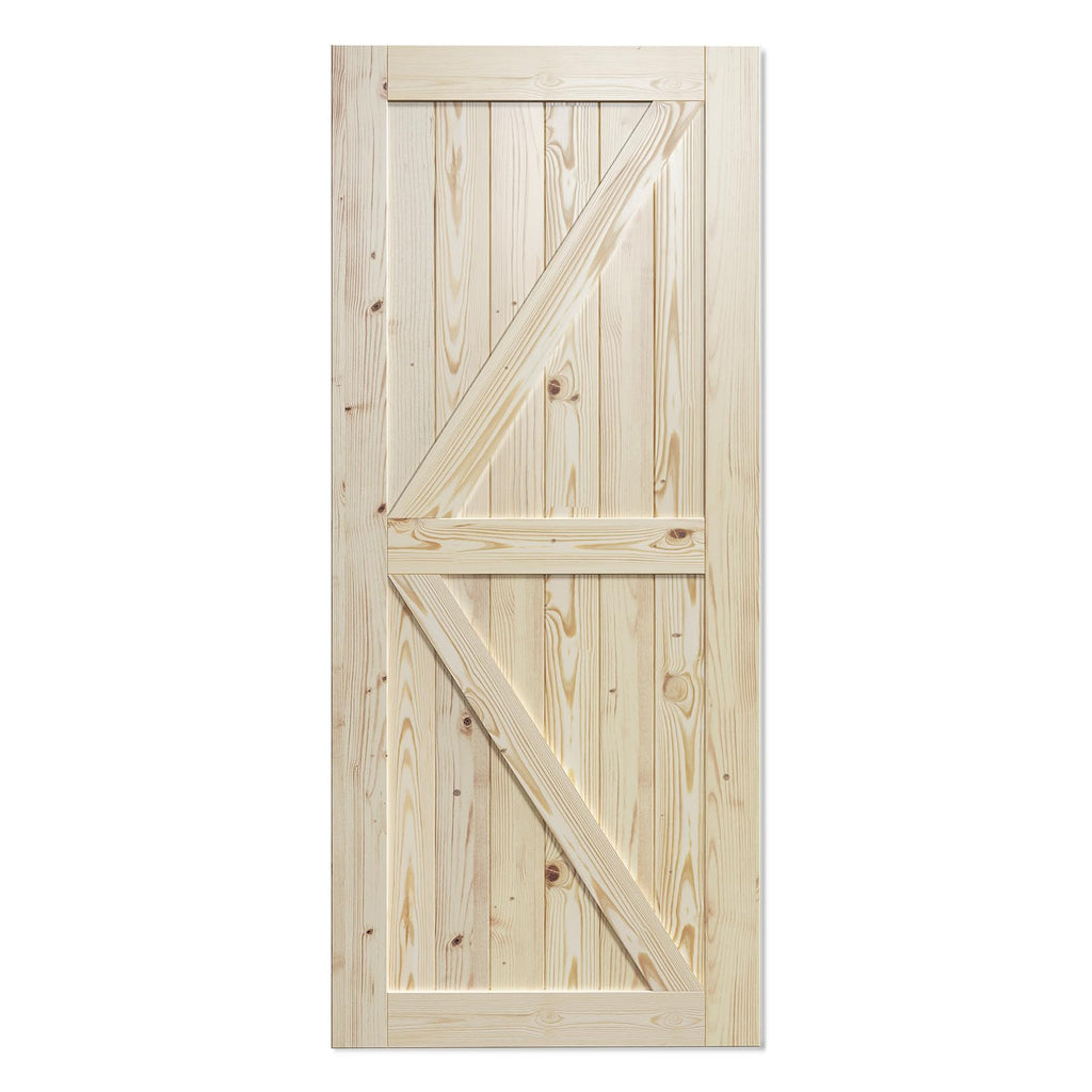 SmartStandard 24in x 80in Sliding Barn Wood Door Pre-Drilled Ready to Assemble, DIY Unfinished Solid Spruce Wood Panelled Slab, Interior Single Door Only, Natural, K-Frame (Fit 4FT Rail)