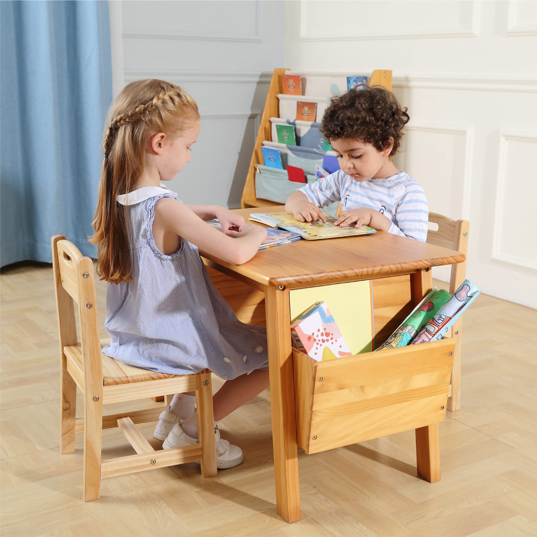 Kids Solid Wood Table and 2 Chair Set with Built-in Storage Cases Children's Storage Table and Chair Set for Toddlers Boys and Girls (Bianca White)