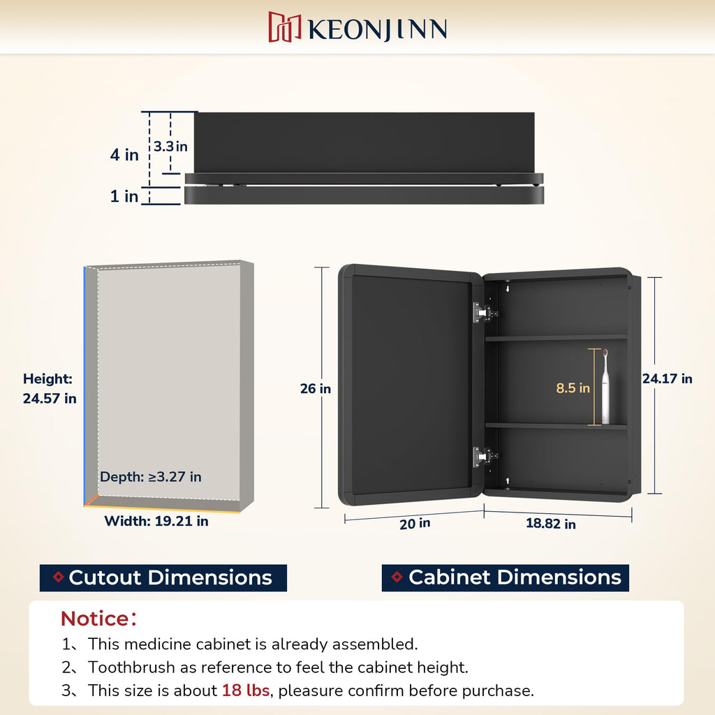 Keonjinn 15 x 36 Inch Black Slim Medicine Cabinets, Narrow Bathroom Side Medicine Cabinet with Mirror, Stainless Steel Framed, Adjustable Shelves, Recessed or Wall Mount, Modern Farmhouse