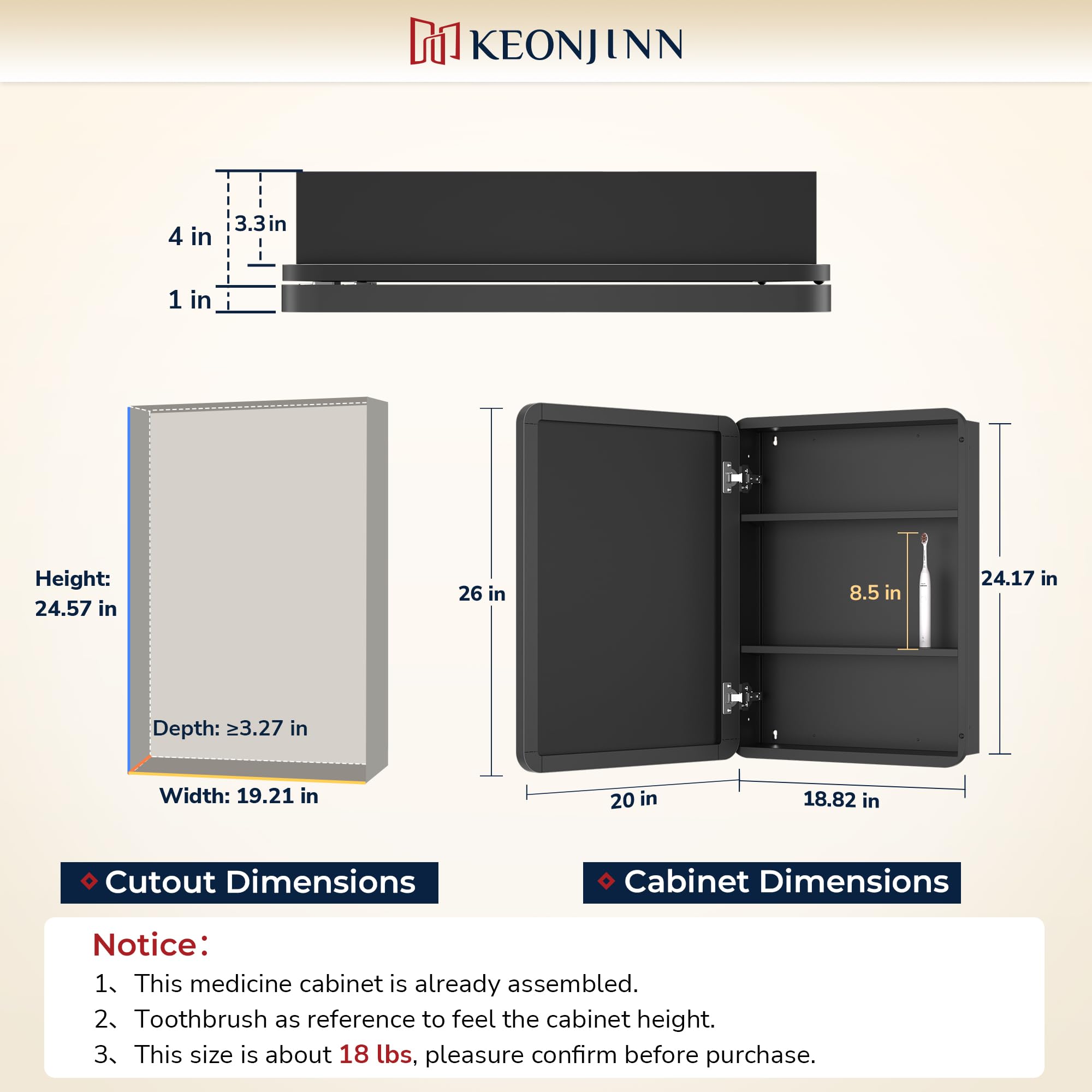 Keonjinn 15 x 36 Inch Black Slim Medicine Cabinets, Narrow Bathroom Side Medicine Cabinet with Mirror, Stainless Steel Framed, Adjustable Shelves, Recessed or Wall Mount, Modern Farmhouse