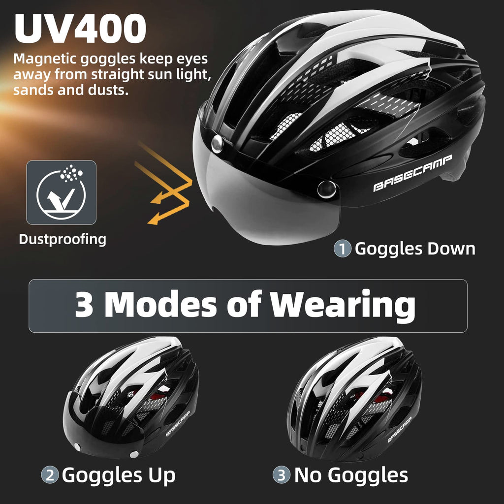 Bike Helmet, Basecamp Bicycle Helmet with Rear Light & Detachable Magnetic Goggles Lightweight Cycling Helmet Adjustable for Adult Men Women Mountain & Road (BC-069)