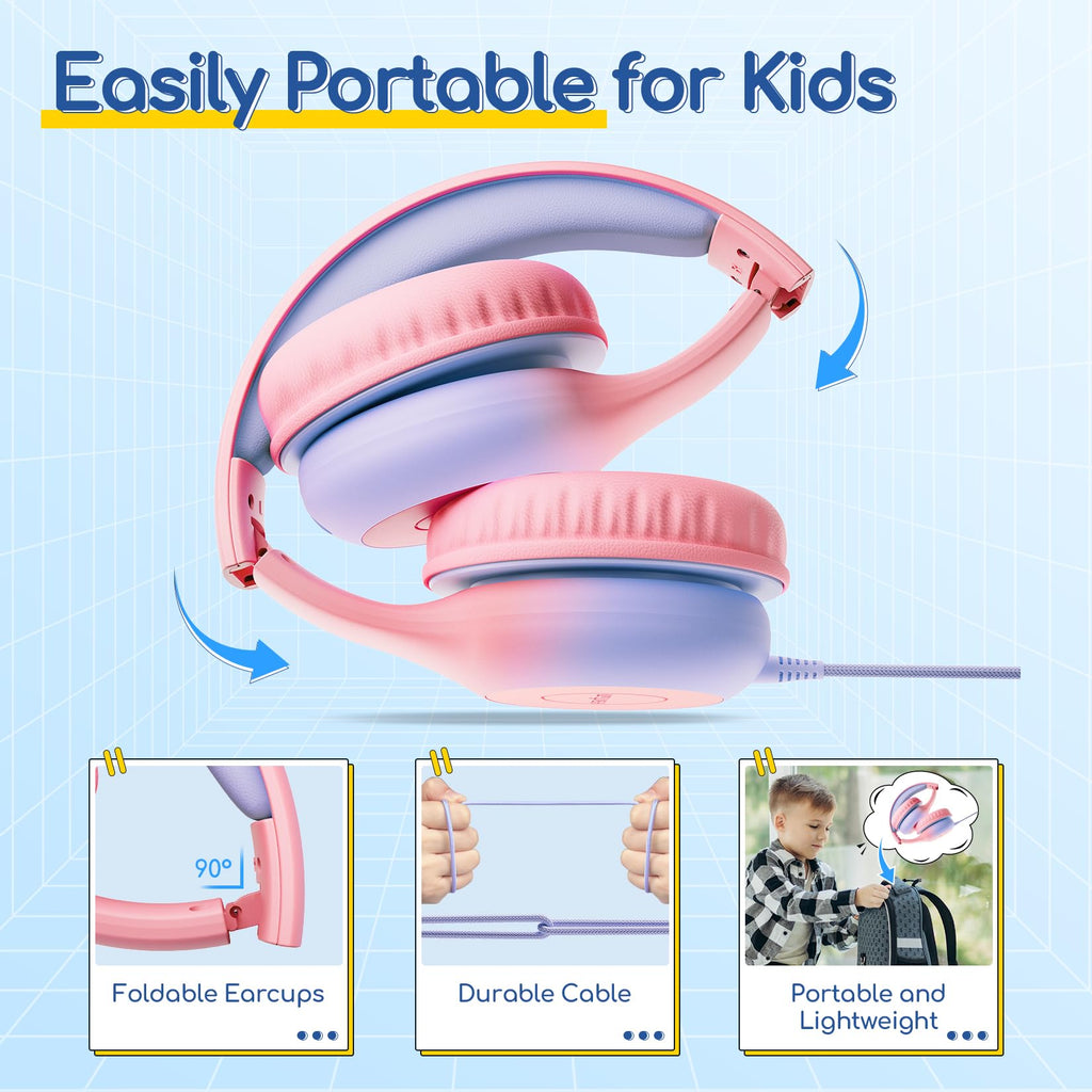 EarFun K1 Kids Headphones Wired with Microphone, 85/94dB Volume Limit Headphones for Kids, Portable Wired Headphone with Shareport, Stereo Sound Foldable Headset for School/Tablet/iPad, Black Red
