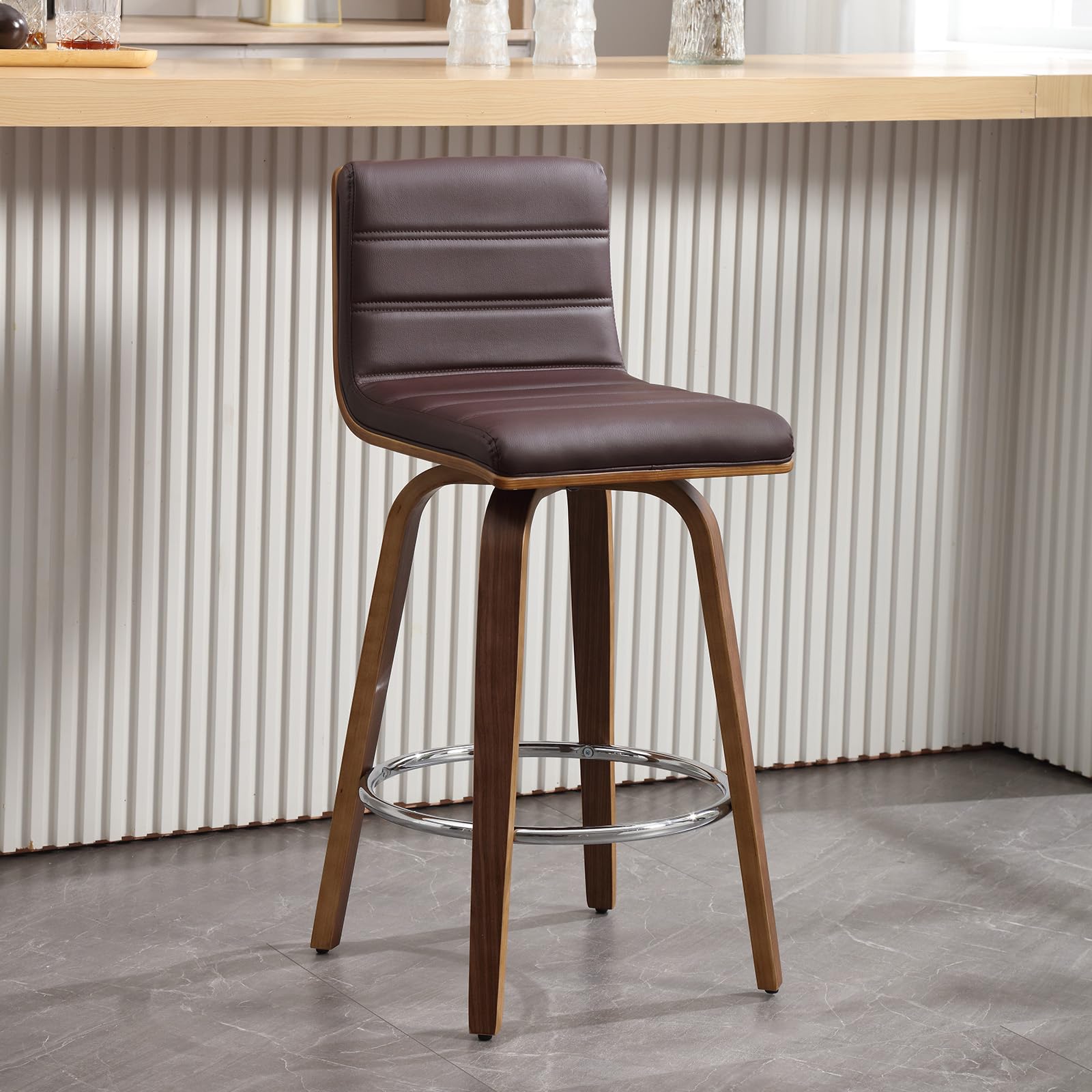 Bar Stools 29 Inch Bar Height, Swivel Bar Stools with Backs Upholstered PU Leather Barstool, L Shape Back and Padded Seat, Mid-Century Modern Bar Stool Pub Chairs for Kitchen Counter Island, Black