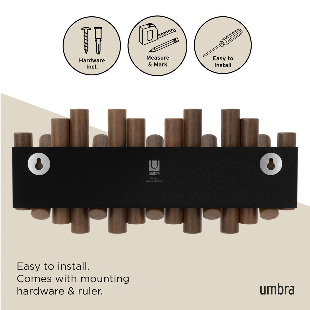 Umbra Picket Wall-Mounted Coat Rack Rail Hook with 5 Retractable Wood Pegs – Modern, Space-Saving Storage Organizer, Black