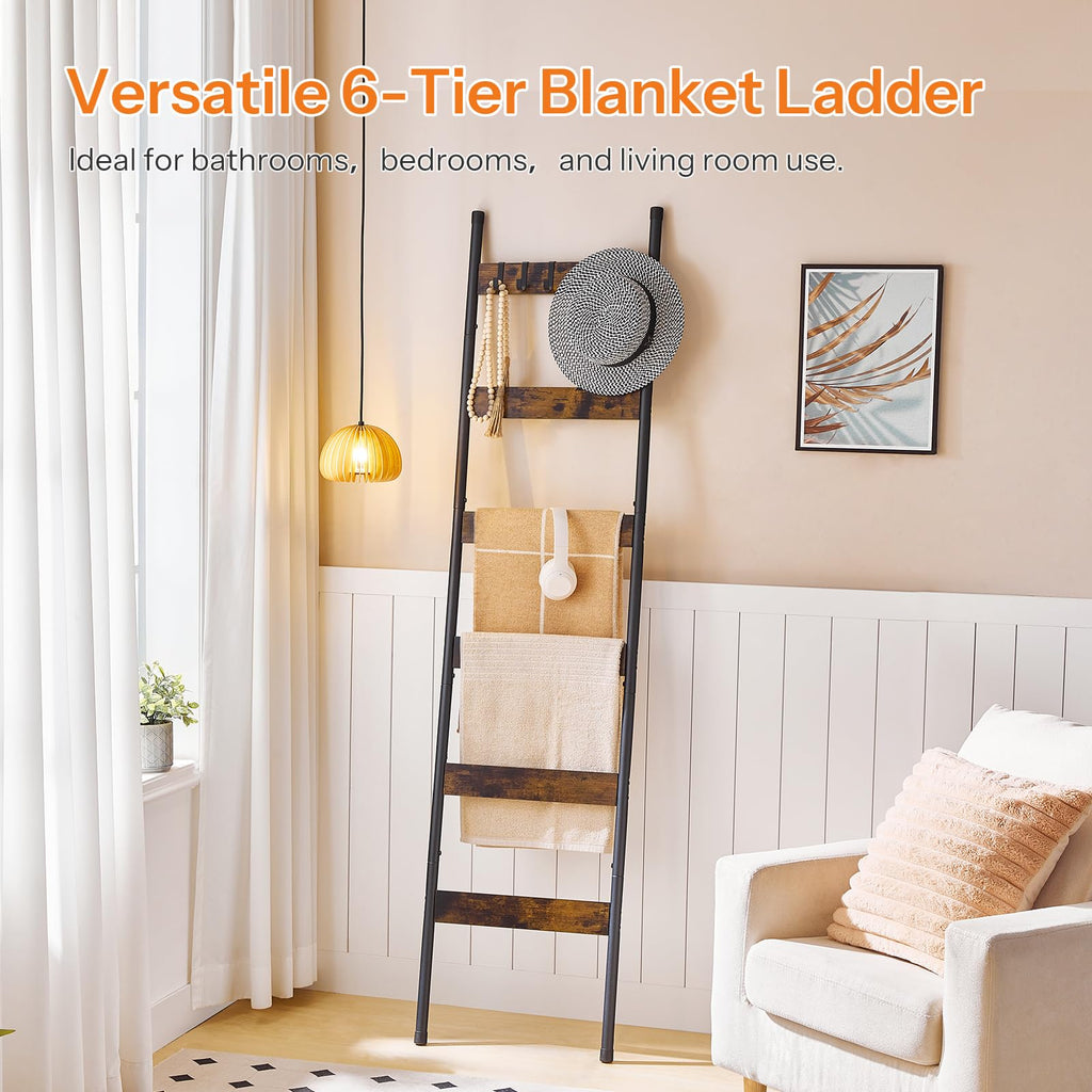 HOOBRO Blanket Ladder, 5-Tier Towel Rack with Hooks, Wall-Leaning Blanket Rack, Decorative Display Ladder Shelf, Scarves, Industrial, Living Room, Bedroom, Black BB52CJ01