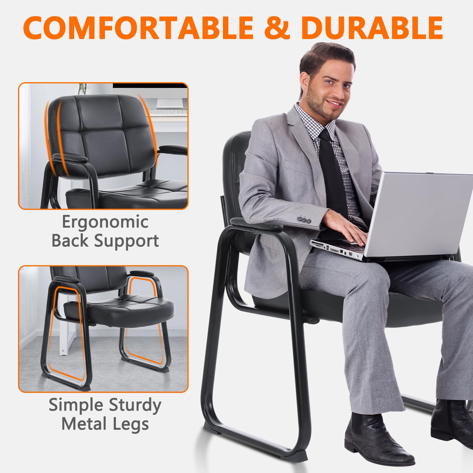 CLATINA Big & Tall 500 lbs Leather Office Reception Chair No Wheels with Padded Arms, Waiting Room Guest Chair for Elderly Home Desk Conference Room Lobby Side Salon Clinic, Black