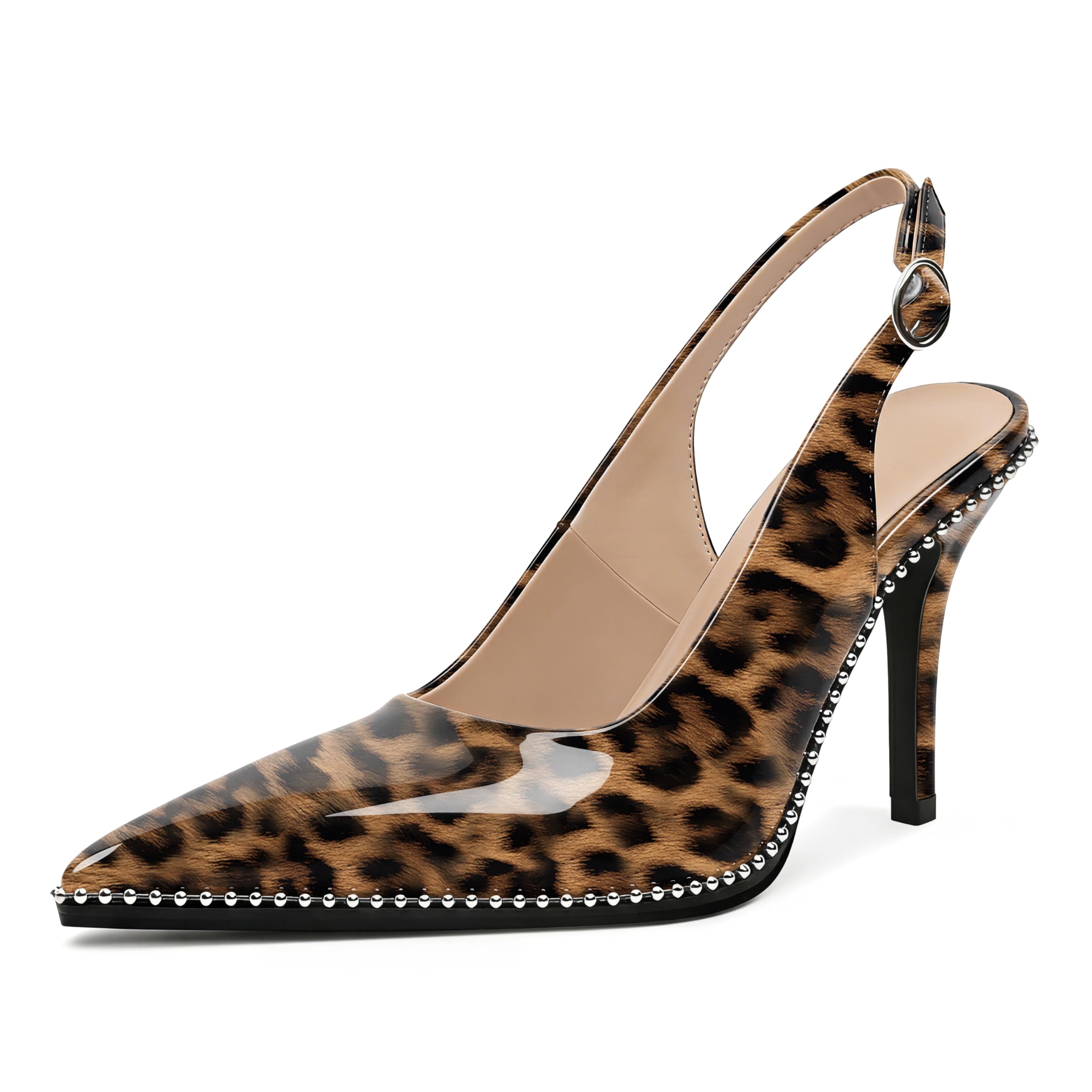 Zamikoo Women Beaded Pumps High Heel Slingback Pointed Toe Slip On 3.5 Inch Stilettos Ankle Strap Adjustable Buckle Patent Leather US Size 5 -Size 13
