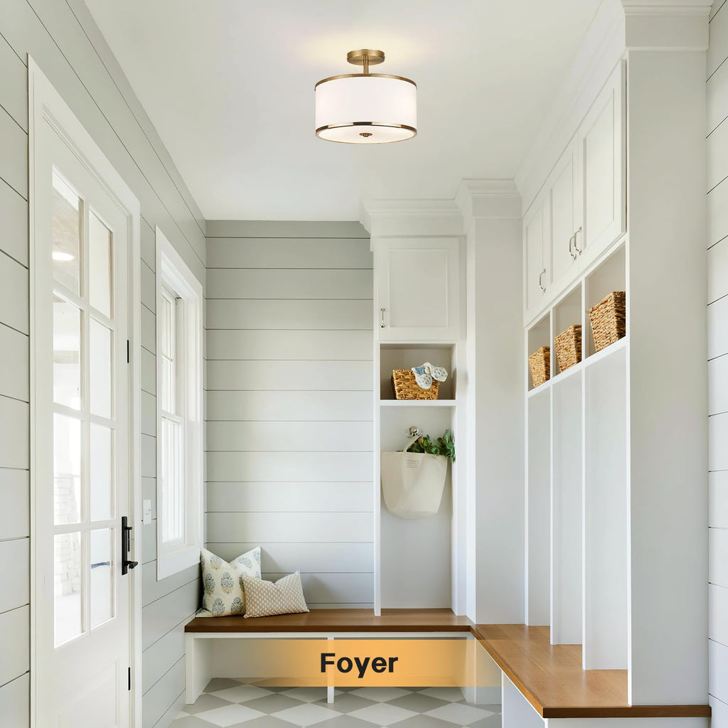 CALOKES Semi Flush Mount Ceiling Light, 11.8" Modern 3-Light Fixture with Petal-Shaped Cream White Fabric Shade and Golden Support Arm, Ideal for Bedroom, Kitchen, Living Room, Hallway, and Entryway
