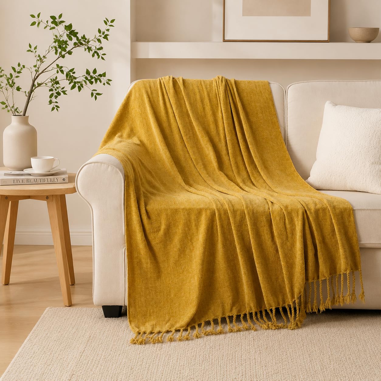 BATTILO HOME Beige Chenille Throw Blanket for Couch, Soft Cozy Textured Knit Throw Blanket with Handmade Fringe Tassels, Lightweight Decorative Farmhouse Blanket for Sofa Bed Chair, 50"x60"
