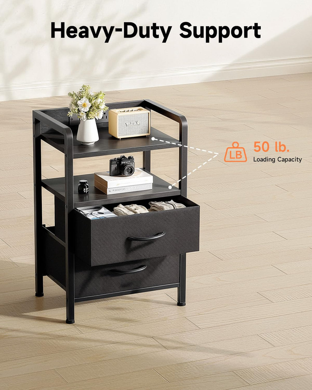 Lazzanto Night Stand Bedside Charger Bedroom - Nightstand with Charging Station & LED Light Strip, Night Stand with Storage Shelf & 2 Fabric Drawers, Morden End Table with U-S-B Ports & AC Outlets
