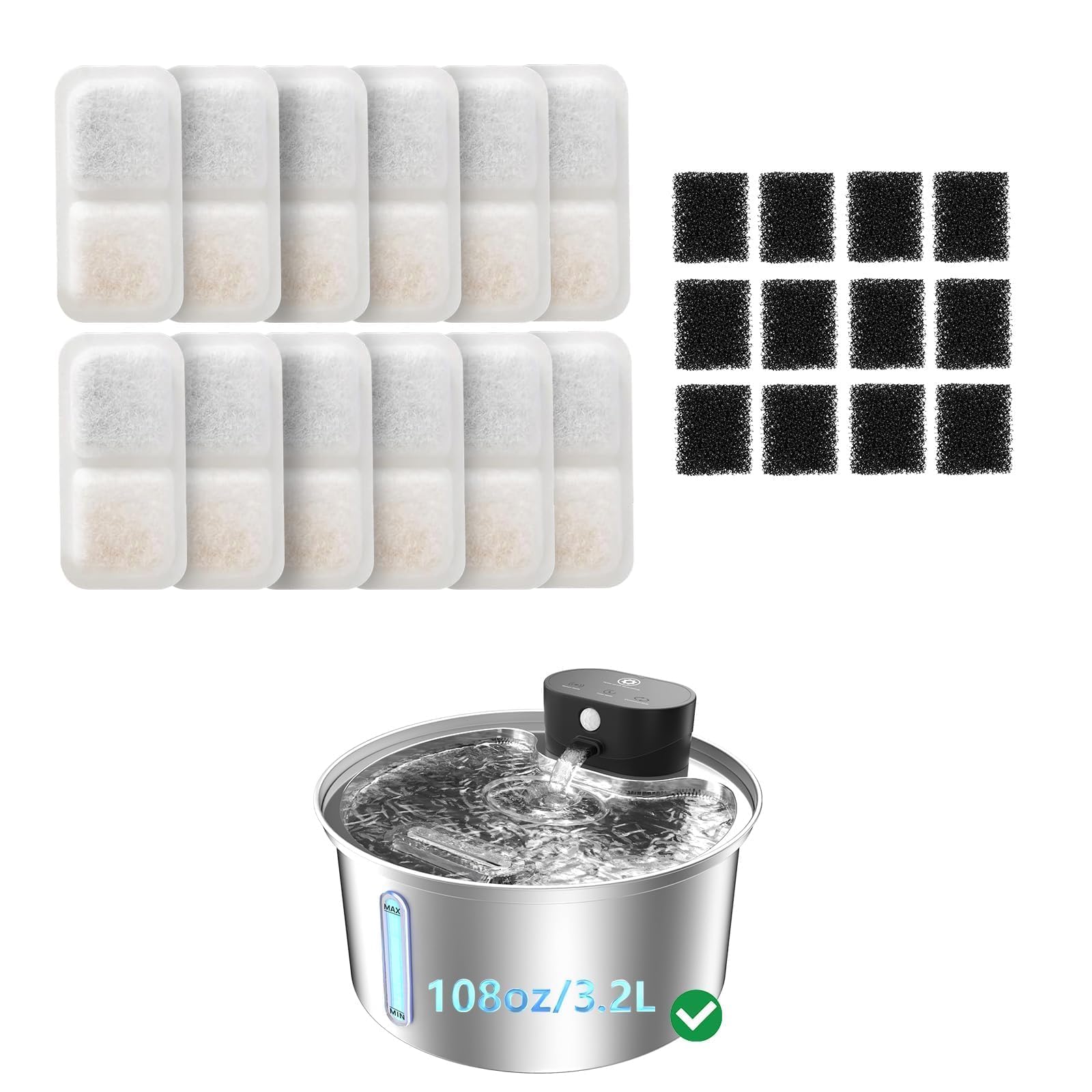 6 Pack 7L Dog Water Fountain Filter & 6 Pack Pump Filter Sponges Replacement for 7L Water Fountain - 6 Filters + 6 Sponges