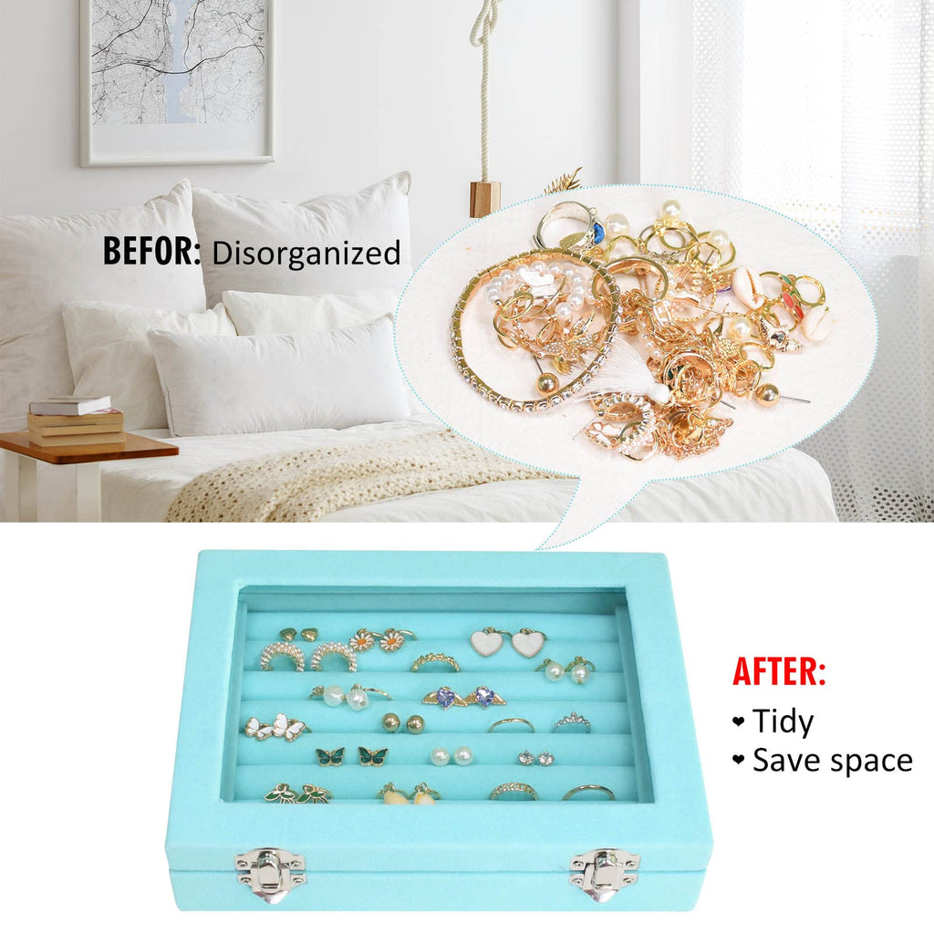 Vicoter Rings Organizer Tray 7 Slots Velvet Jewelry Earring Storage Box with Transparent lid Jewelry Display Case for Girls Wife Mom Women (Beige)