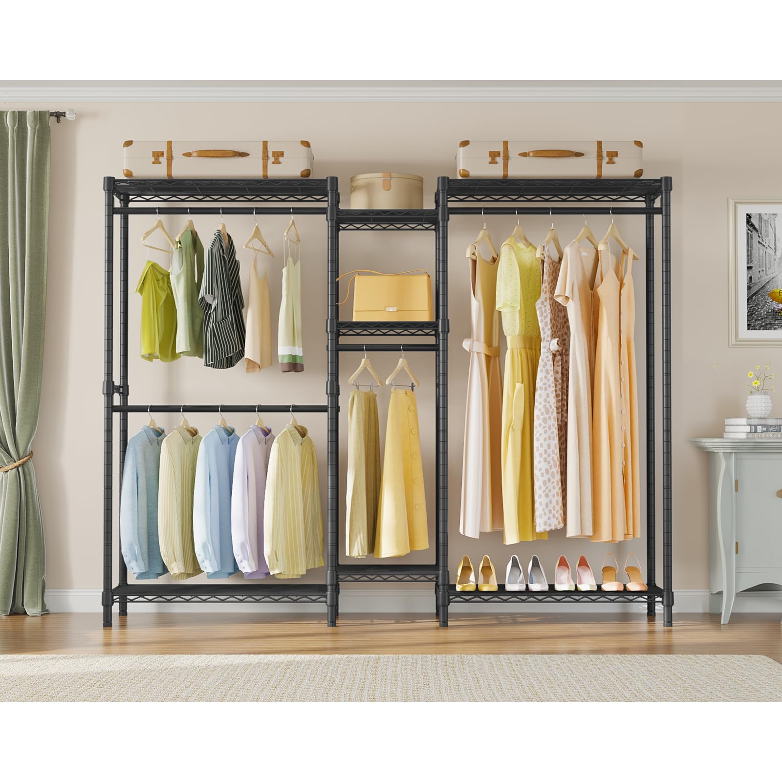 VIPEK Classic V6 Heavy Duty Clothes Rack, 7-Tier Garment Rack with Adjustable Shelves, Portable Closet Organizer with 4 Hanging Rods, Space-Saving, 850lbs Capacity, 68.9" L x 15.7" W x 76.4" H, Black